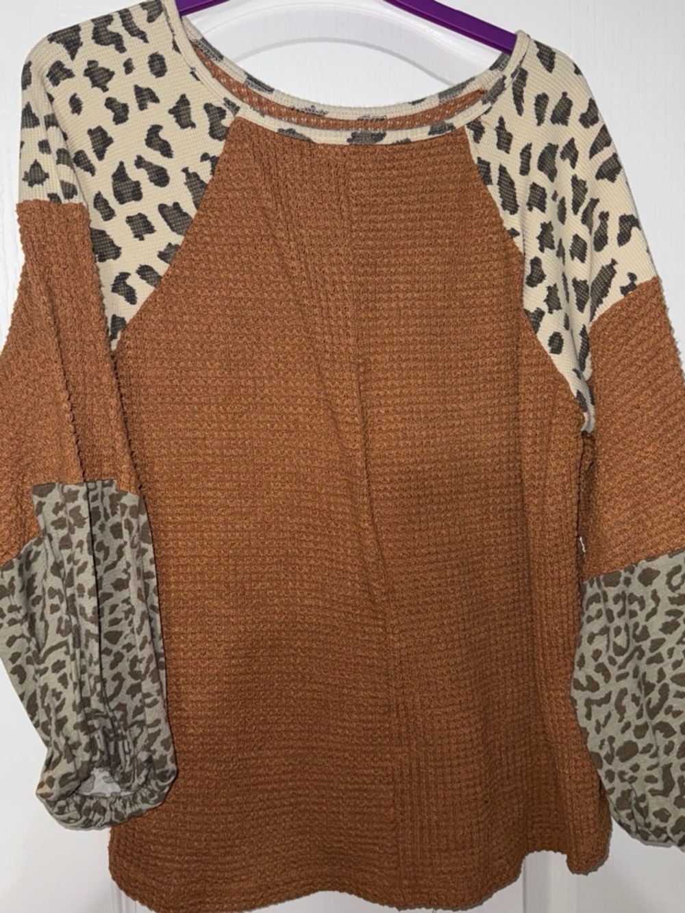 Waffle Knit Raglan Sleeve Blouse in Rust with Leopard Accent